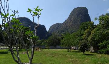 Scenic landscape view with lush greenery and rock formations.