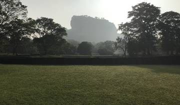 Sigiriya Rock Fortress in the distance with grassy foreground.