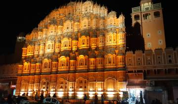 Hawa Mahal, the Palace of Winds, beautifully illuminated at night.