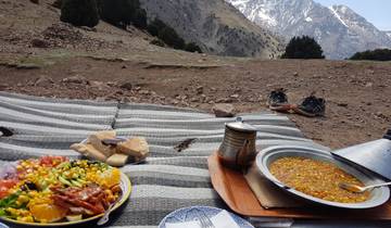 Picnic setup with mountain view and traditional meal