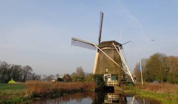 Traditional Dutch windmill in a tranquil countryside setting.
