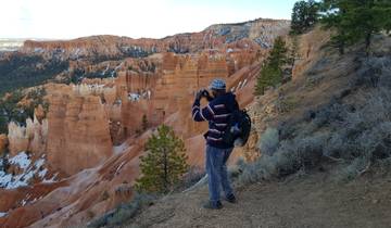 Person photographing a canyon landscape.