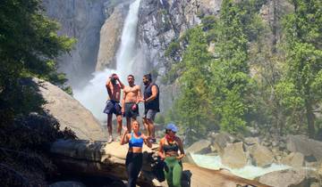 Group of people posing near a waterfall in a lush forest.