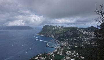 Aerial view of a coastal cliff and a town by the ocean.