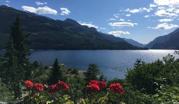 A scenic lake view with mountains and bright red flowers in the foreground.