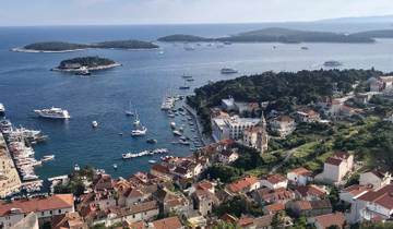 Aerial view of Hvar town and its harbor.