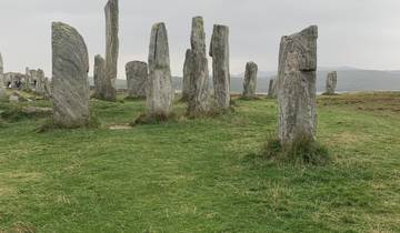 Stone circle standing in a grassy field.
