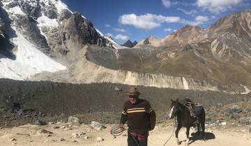 Person with a horse on a mountain path with glacier views.