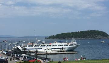 Dock with boats and distant shoreline.