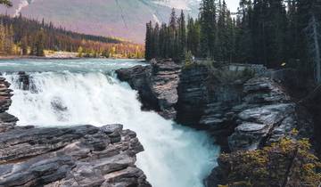 Scenic waterfall surrounded by rocky cliffs and forest.
