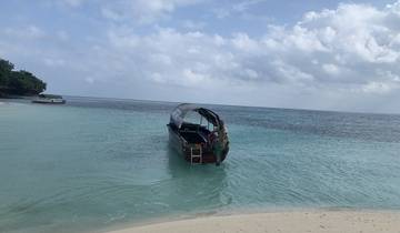 Boat on clear blue ocean water near a sandy beach.