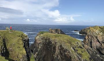 A cliff overlooking the sea with a person in a red jacket.