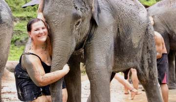 Person interacting with an elephant in a mud bath.
