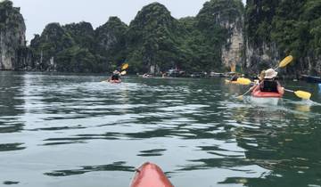 People kayaking in a bay surrounded by tall green cliffs.