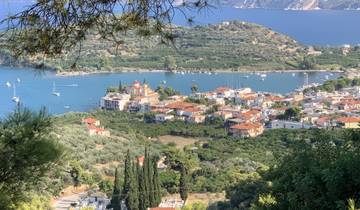 Scenic view of a seaside town with a harbor