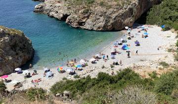 Pebble beach with umbrellas and swimmers