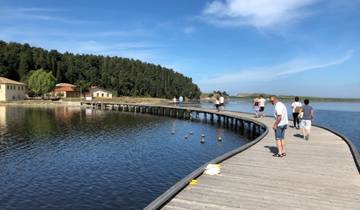 People walking along a scenic boardwalk over water.