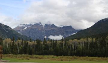 Mountain range under a cloudy sky with a forest in the foreground.