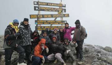 Group of climbers at the summit of Mount Kilimanjaro.