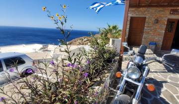 Seaside view with motorbike, plants, and Greek flag.
