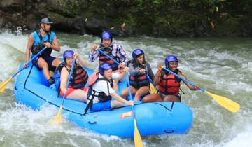 Group white-water rafting in a river.