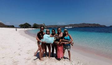 Friends posing on a beach with a blue sea backdrop.