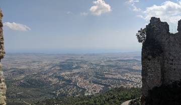 Expansive view of landscape with distant sea.