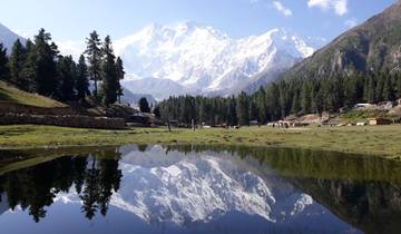 A serene landscape with a mountain reflection in a calm lake.