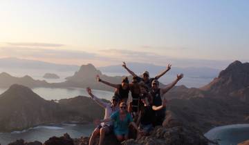 A group of people posing triumphantly at a summit with ocean views.