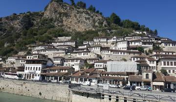 Historic hillside town with numerous white stone houses.