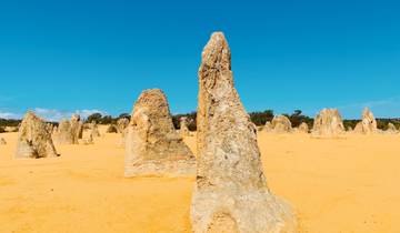 Pinnacle rock formations in a yellow desert landscape.