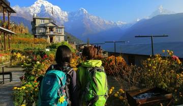Two trekkers admiring mountain scenery with blooming flowers.
