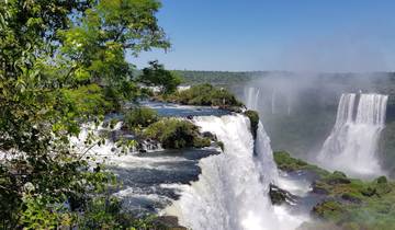 A vibrant view of Iguazu Falls with cascading water and lush foliage.