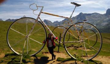 A person next to giant bicycle sculptures in the mountains.