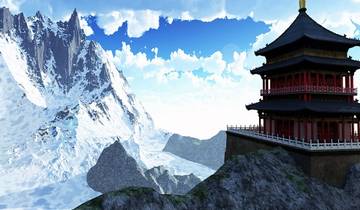 Pagoda on a mountain with snow-covered peaks.