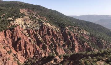 Red rocky mountains with vegetation.