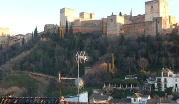 The historic Alhambra palace set against a forested hill.