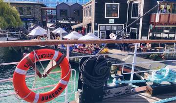 View from a boat showing harbor area with diners.