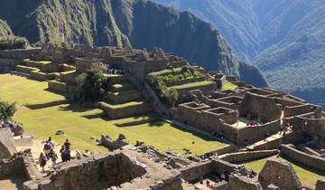 The ancient ruins of Machu Picchu set against a mountain backdrop.