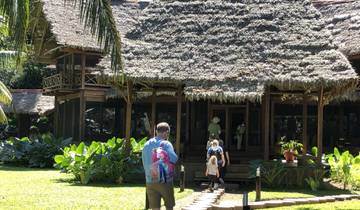Family walking toward a large thatched-roof building