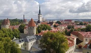 Aerial view of a historic city with red rooftops and church spires.