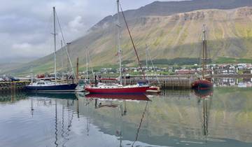Docked sailboats reflecting in calm harbor waters.