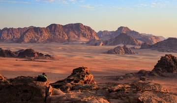 Vast desert landscape with a person admiring the view.