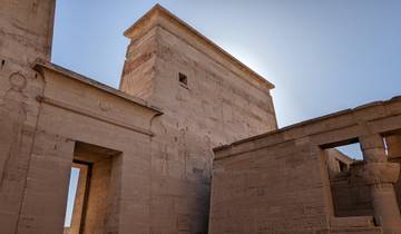Ancient Egyptian temple with hieroglyphs.