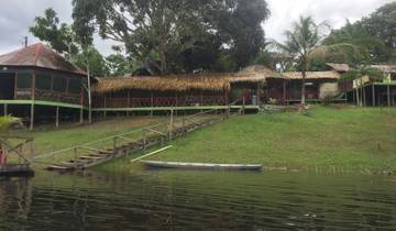 Cottages on a hill by a river.