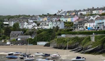 Colorful houses on a hill with boats docked on a beach.