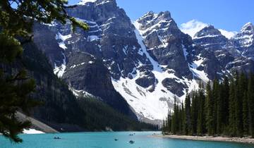 Mountain lake surrounded by snow-capped peaks.
