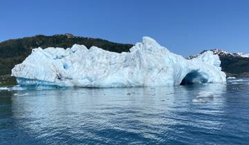 A large ice glacier in a body of water with mountains in the background.