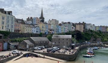 Coastal town with colorful buildings and boats