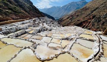 Salt terraces in a mountainous landscape.
